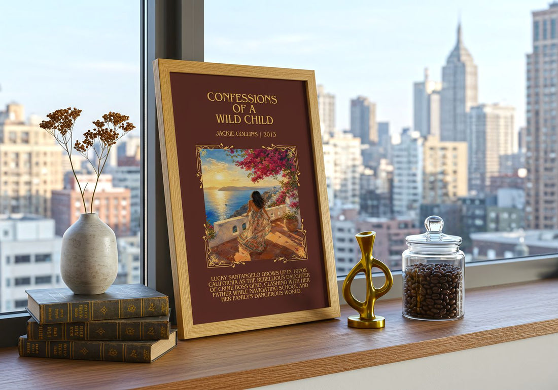 Confessions Of A Wild Child Minimalist Book Poster by Jackie Collins – framed print on a city-view windowsill