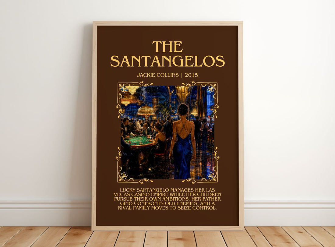 The Santangelos Minimalist Book Poster by Jackie Collins – framed print leaning on a wooden floor