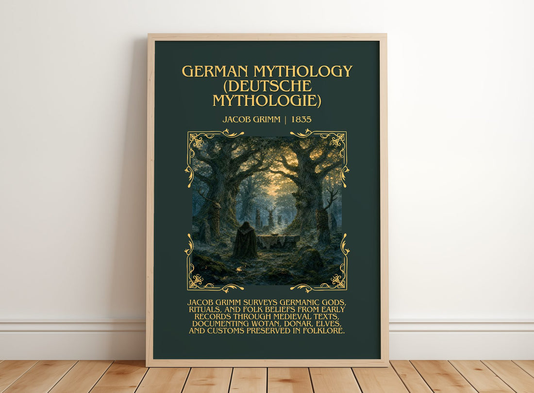 German Mythology (Deutsche Mythologie) Minimalist Book Poster – framed print leaning on a wooden floor