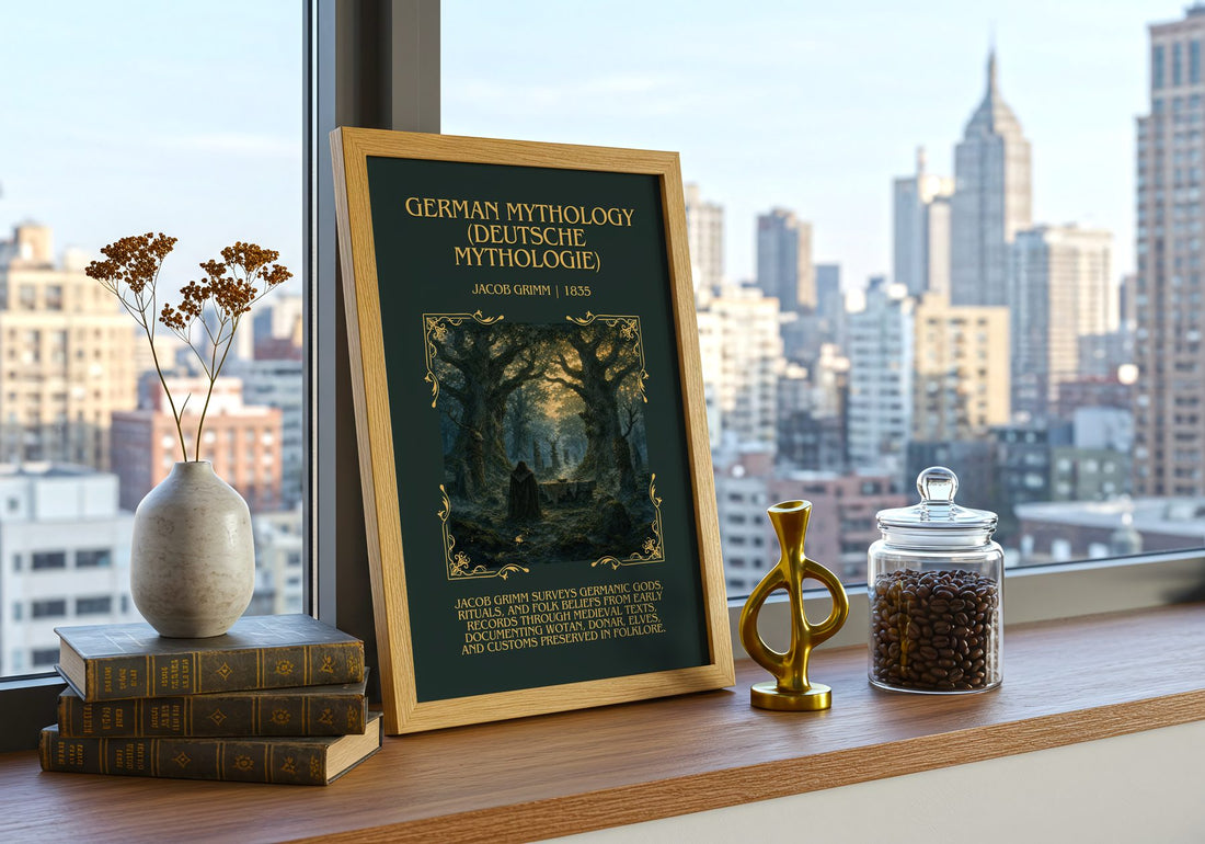 German Mythology (Deutsche Mythologie) Minimalist Book Poster – framed print on a city-view windowsill