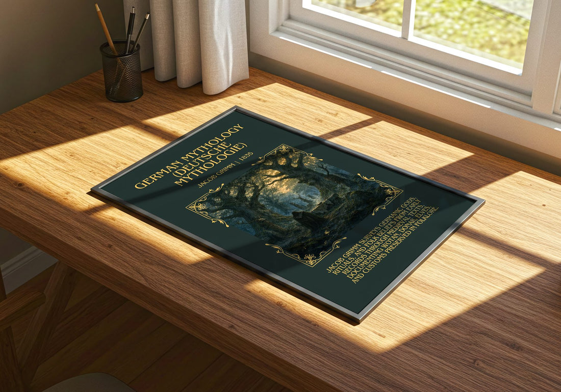German Mythology (Deutsche Mythologie) Minimalist Book Poster – print on a sunlit desk