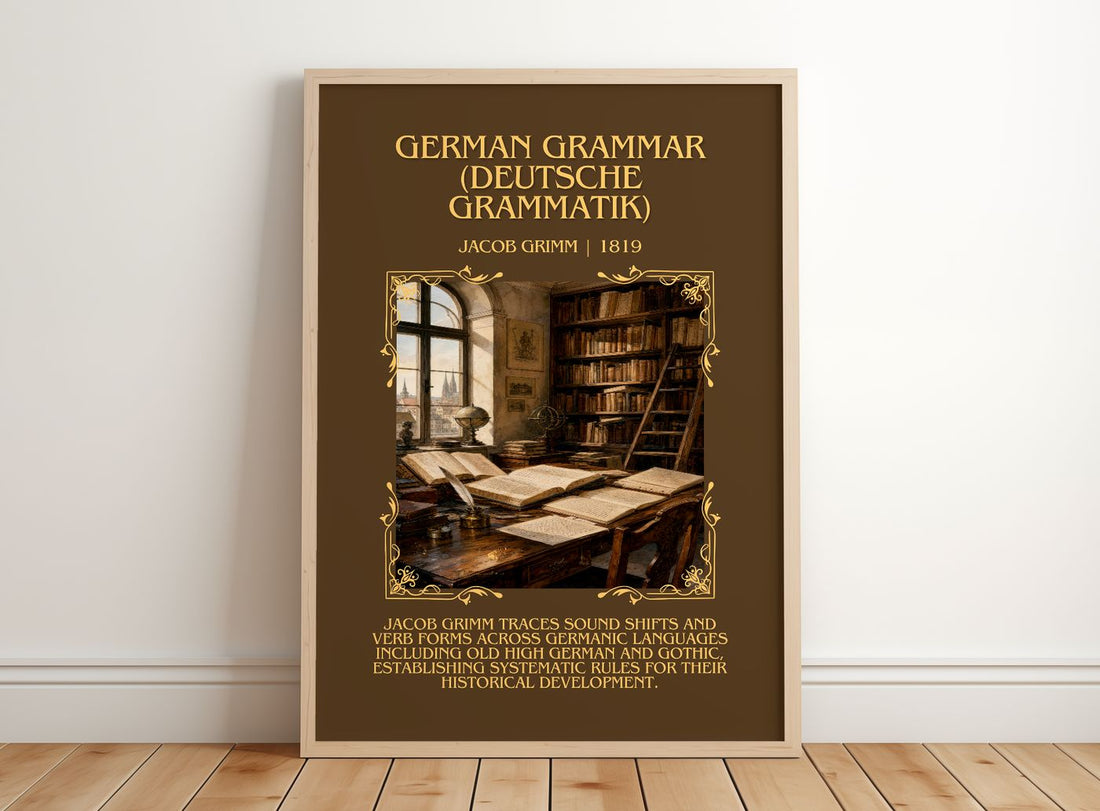 German Grammar (Deutsche Grammatik) Minimalist Book Poster by J. Grimm – framed print leaning on a wooden floor