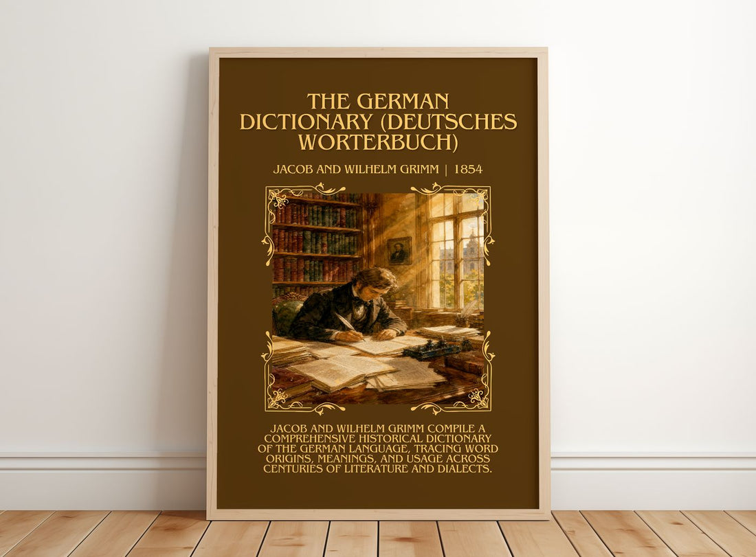 German Dictionary (Deutsches Wörterbuch) Minimalist Book Poster – framed print leaning on a wooden floor
