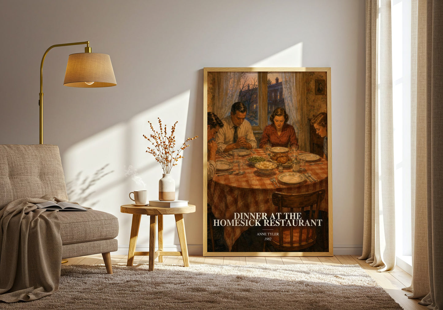 Dinner At The Homesick Restaurant watercolour print in frame leaning in hallway – literary fiction wall art