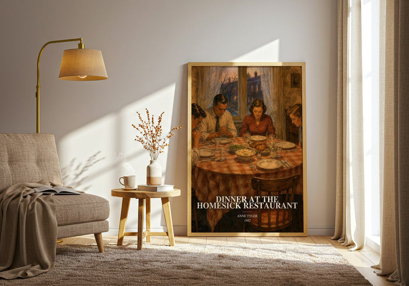 Dinner At The Homesick Restaurant watercolour print in frame leaning in hallway – literary fiction wall art
