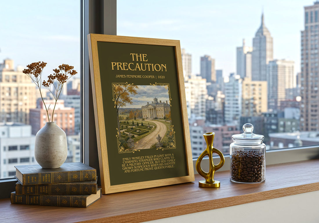 The Precaution Minimalist Book Poster by James Fenimore Cooper – framed print on a city-view windowsill