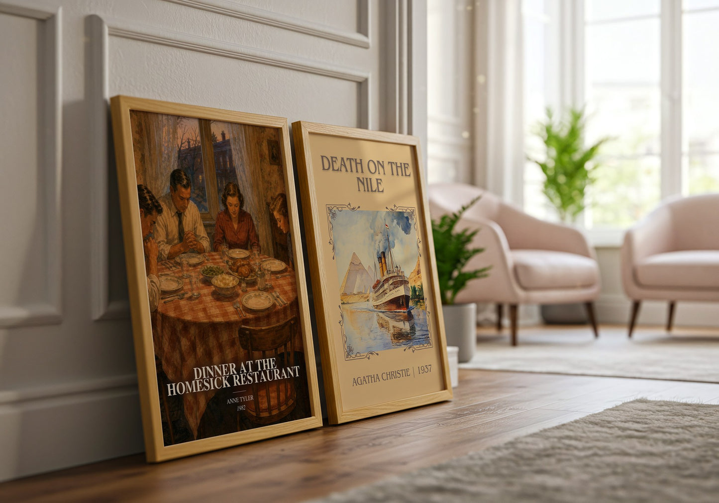 Dinner At The Homesick Restaurant watercolour print framed by window – literary home decor