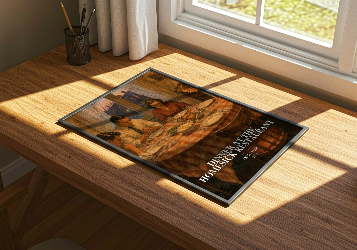 Dinner At The Homesick Restaurant watercolour book poster framed on wall – literary fiction wall art