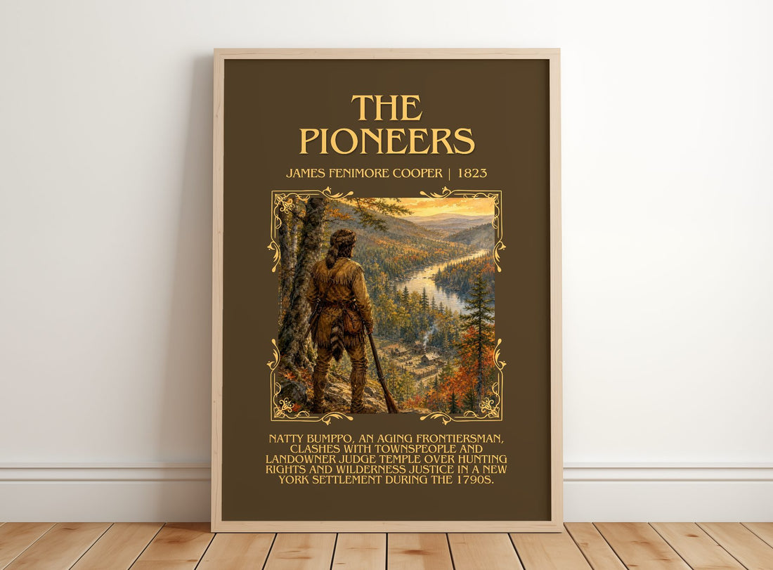 The Pioneers Minimalist Book Poster by James Fenimore Cooper – framed print leaning on a wooden floor