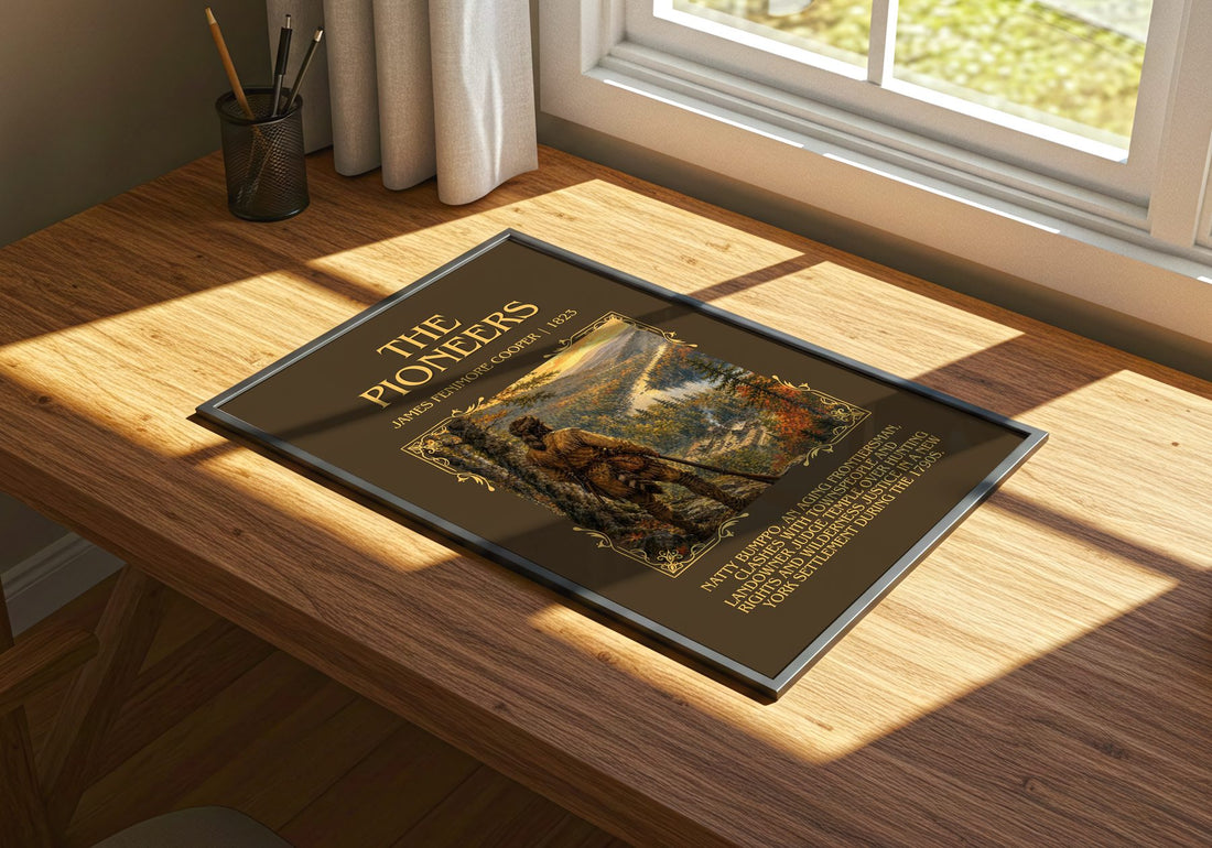 The Pioneers Minimalist Book Poster by James Fenimore Cooper – print on a sunlit desk