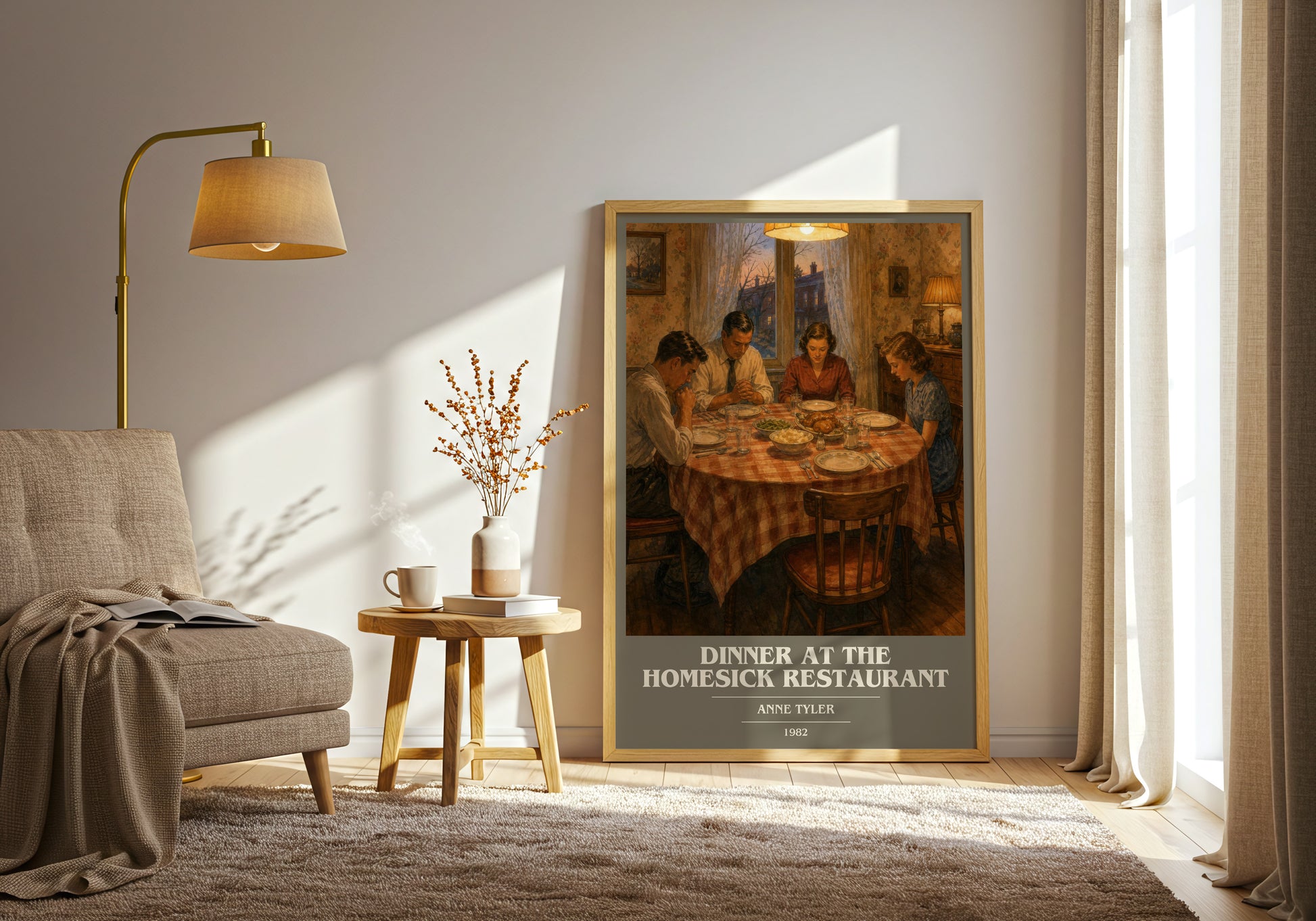 Dinner At The Homesick Restaurant book cover print on bookshelf – Anne Tyler fan gift