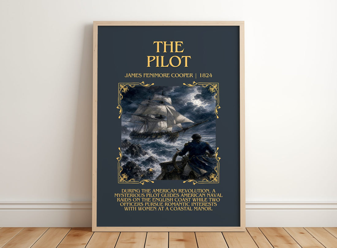 The Pilot Minimalist Book Poster by James Fenimore Cooper – framed print leaning on a wooden floor