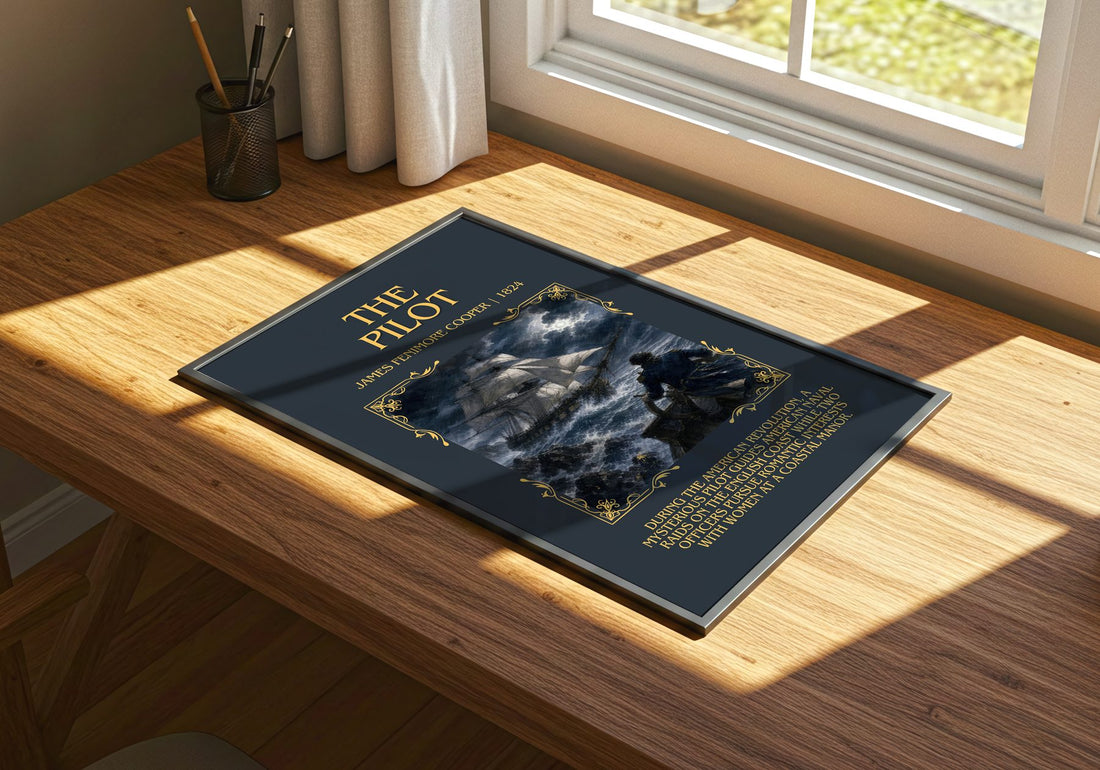 The Pilot Minimalist Book Poster by James Fenimore Cooper – print on a sunlit desk