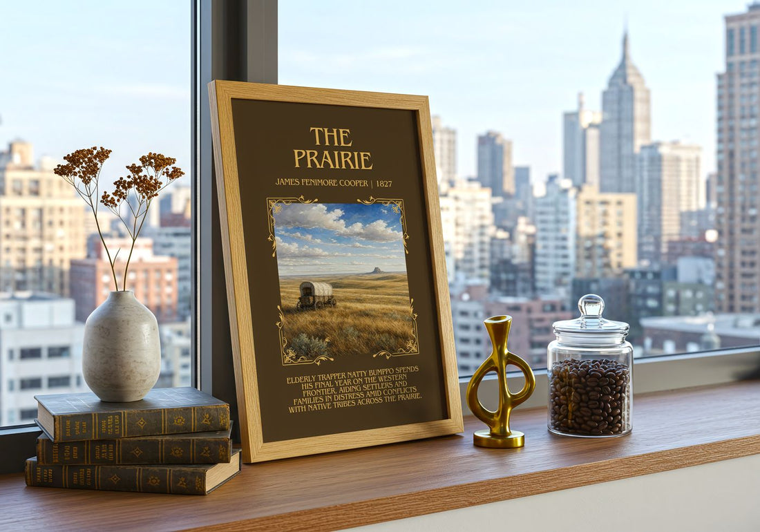 The Prairie Minimalist Book Poster by James Fenimore Cooper – framed print on a city-view windowsill