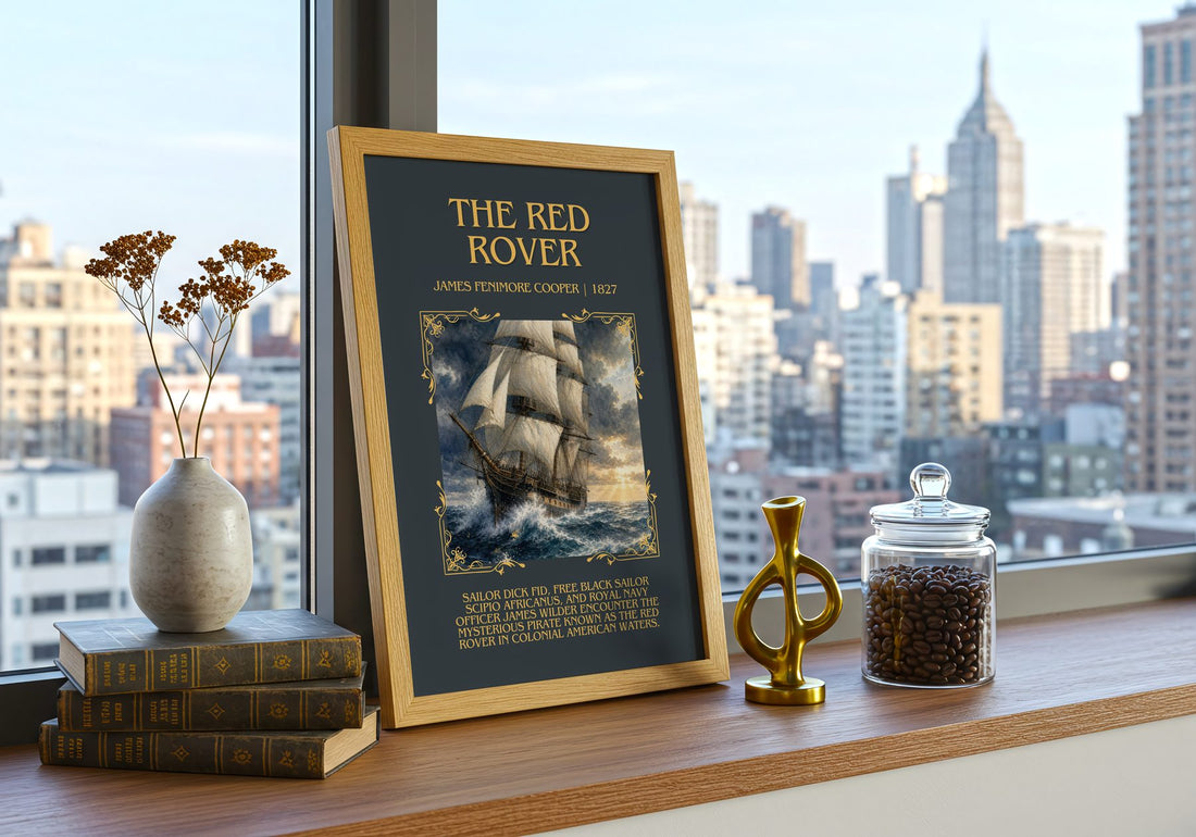 The Red Rover Minimalist Book Poster by James Fenimore Cooper – framed print on a city-view windowsill