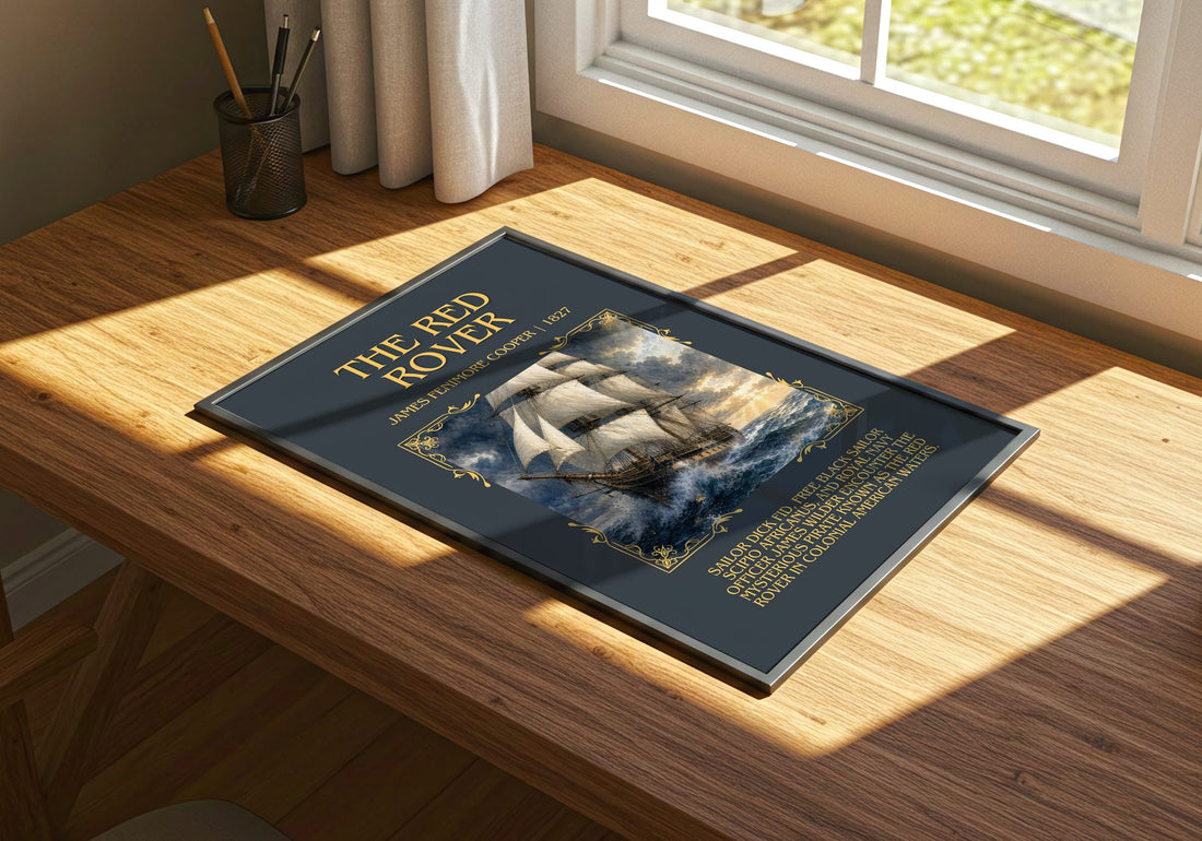 The Red Rover Minimalist Book Poster by James Fenimore Cooper – print on a sunlit desk