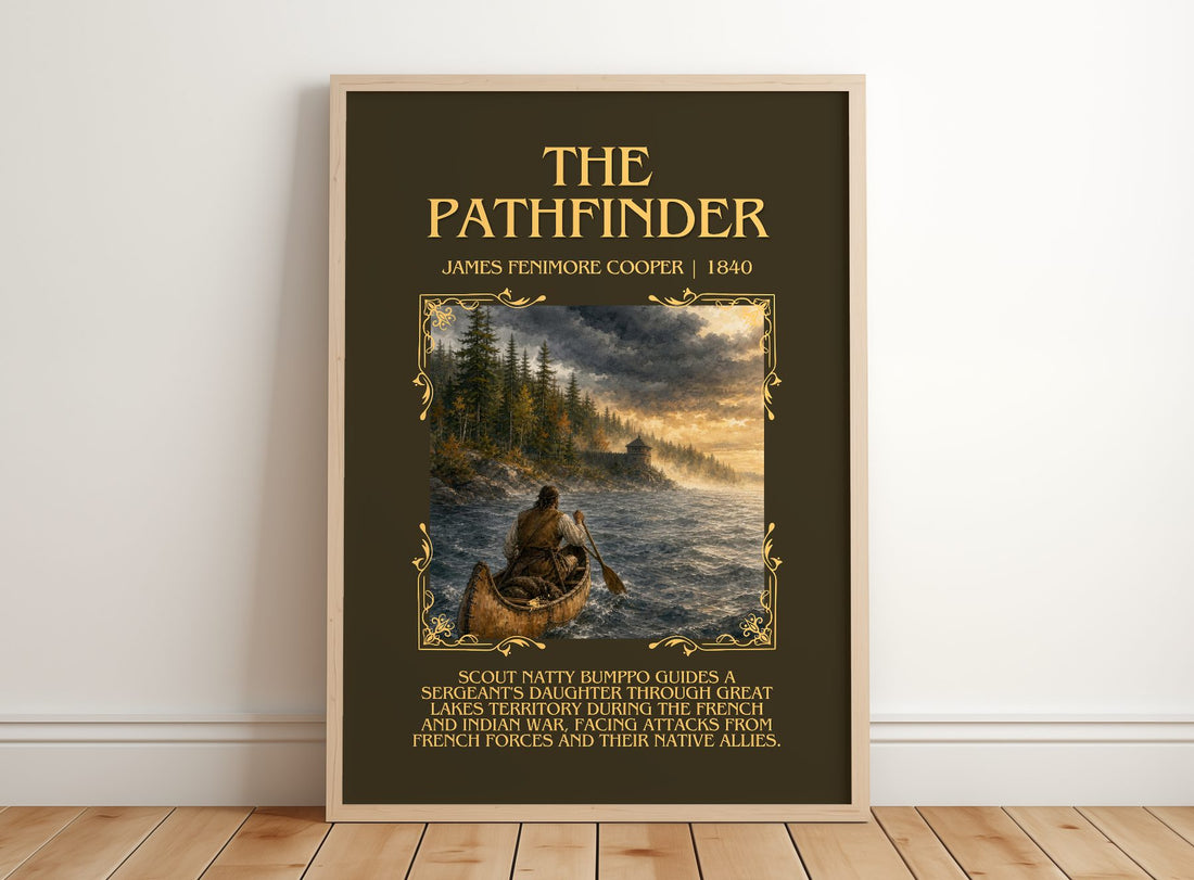 The Pathfinder Minimalist Book Poster by James Fenimore Cooper – framed print leaning on a wooden floor