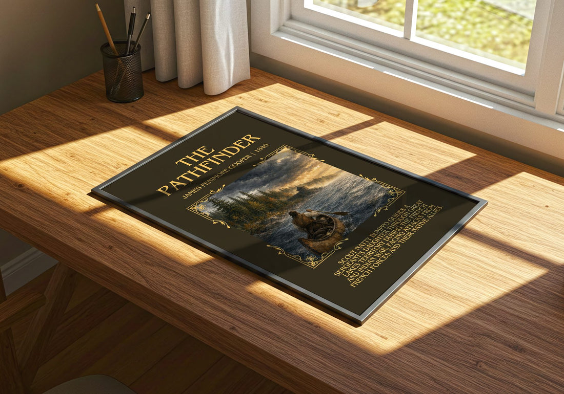The Pathfinder Minimalist Book Poster by James Fenimore Cooper – print on a sunlit desk