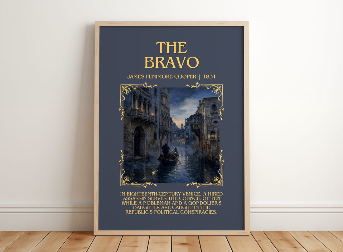 The Bravo Minimalist Book Poster by James Fenimore Cooper – framed print leaning on a wooden floor