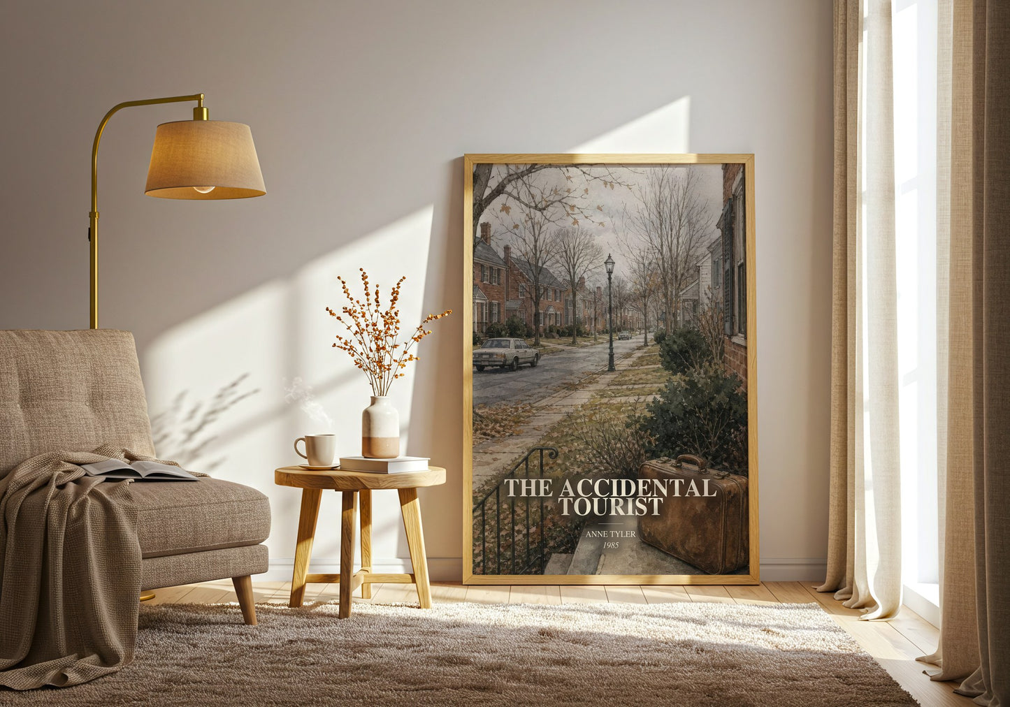 The Accidental Tourist watercolour print in frame leaning in hallway – literary fiction wall art