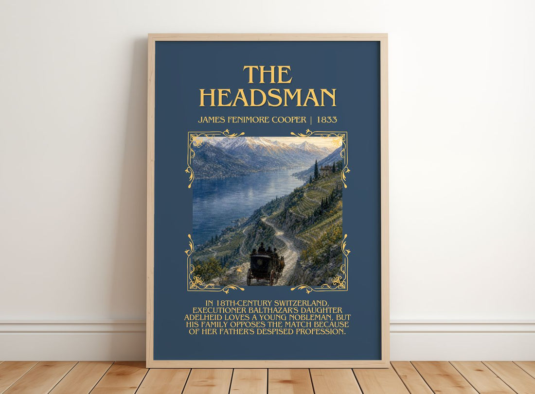 The Headsman Minimalist Book Poster by James Fenimore Cooper – framed print leaning on a wooden floor