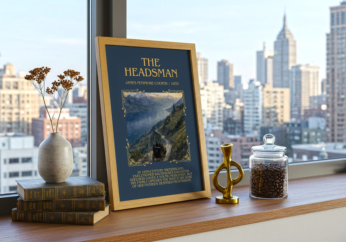 The Headsman Minimalist Book Poster by James Fenimore Cooper – framed print on a city-view windowsill