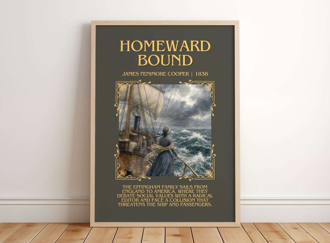Homeward Bound Minimalist Book Poster by James Fenimore Cooper – framed print leaning on a wooden floor