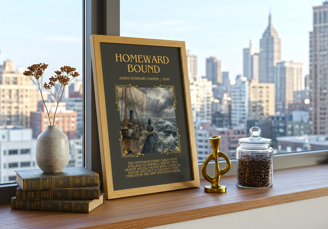 Homeward Bound Minimalist Book Poster by James Fenimore Cooper – framed print on a city-view windowsill
