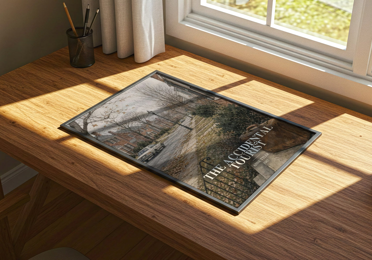 The Accidental Tourist watercolour book poster framed on wall – literary fiction wall art