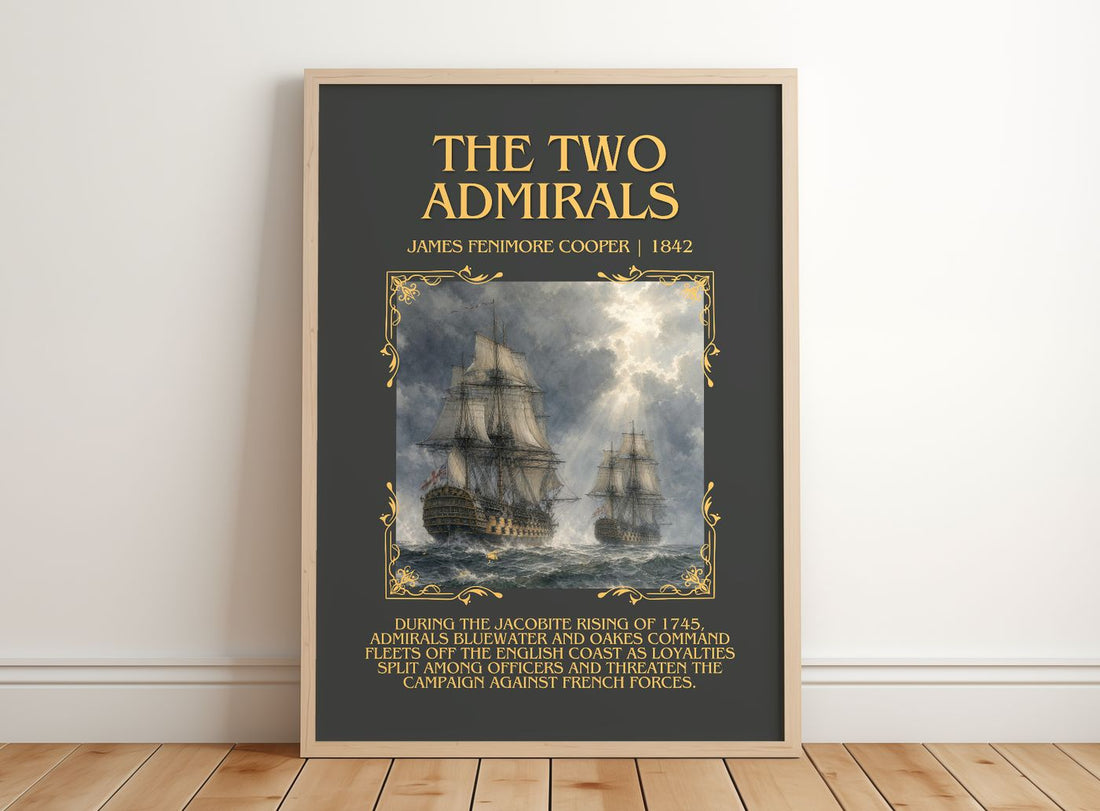 The Two Admirals Minimalist Book Poster by James Fenimore Cooper – framed print leaning on a wooden floor
