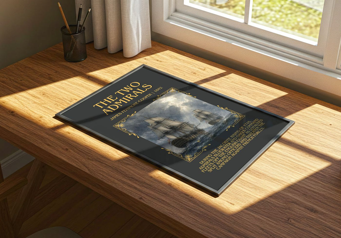 The Two Admirals Minimalist Book Poster by James Fenimore Cooper – print on a sunlit desk