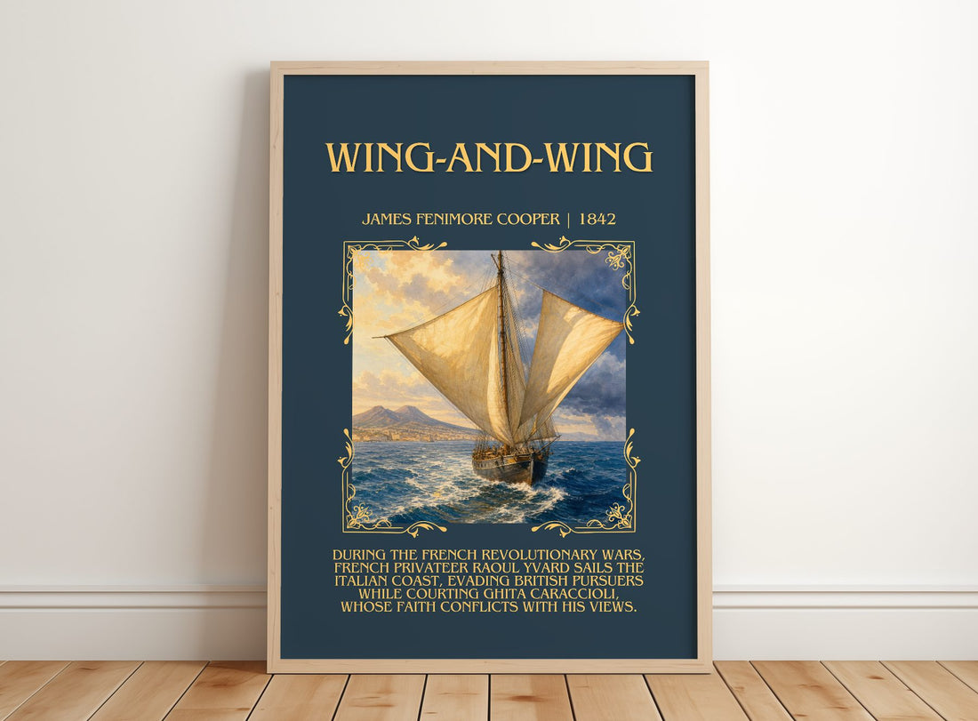 Wing-And-Wing Minimalist Book Poster by James Fenimore Cooper – framed print leaning on a wooden floor