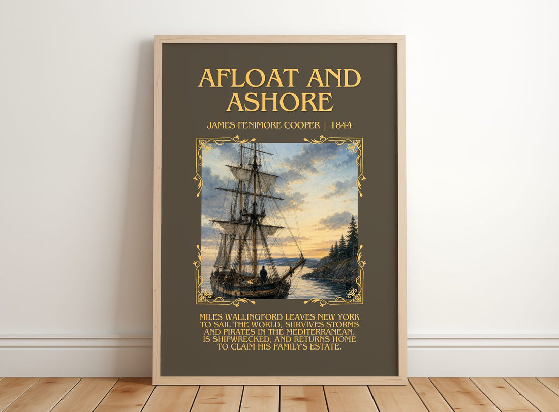 Afloat And Ashore Minimalist Book Poster by James Fenimore Cooper – framed print leaning on a wooden floor
