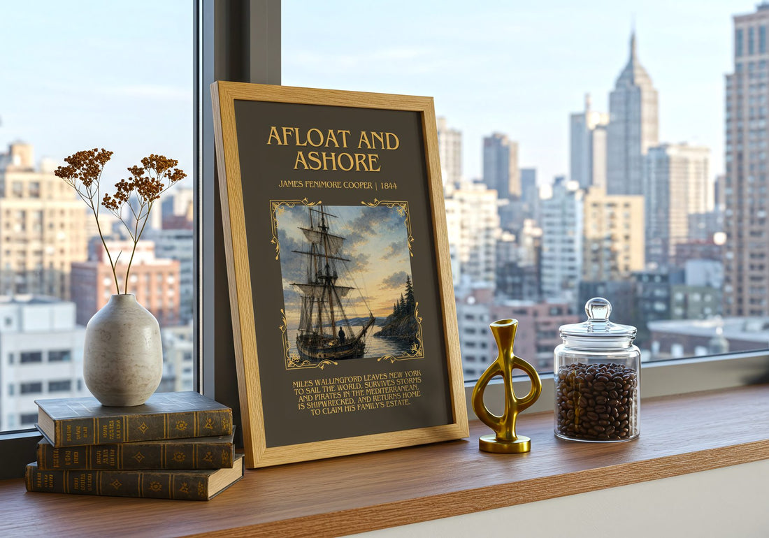 Afloat And Ashore Minimalist Book Poster by James Fenimore Cooper – framed print on a city-view windowsill