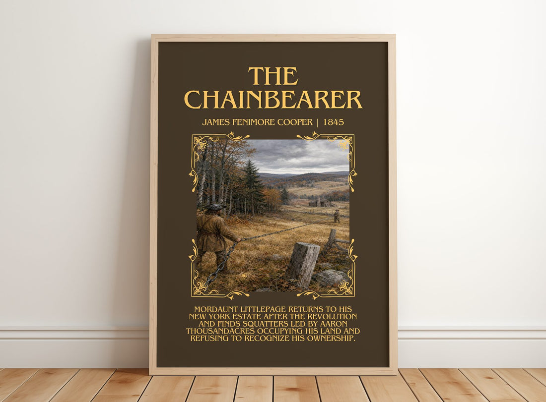 The Chainbearer Minimalist Book Poster by James Fenimore Cooper – framed print leaning on a wooden floor