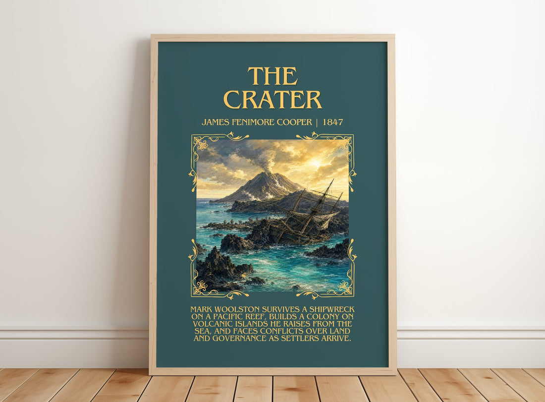 The Crater Minimalist Book Poster by James Fenimore Cooper – framed print leaning on a wooden floor