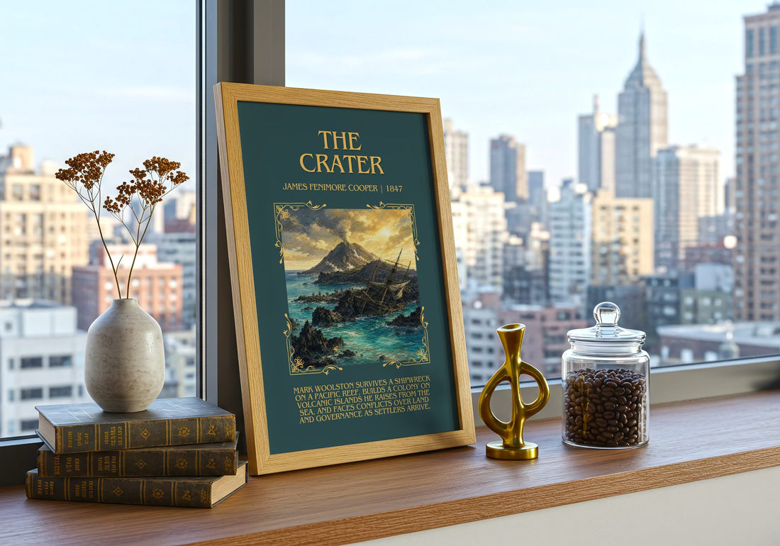 The Crater Minimalist Book Poster by James Fenimore Cooper – framed print on a city-view windowsill