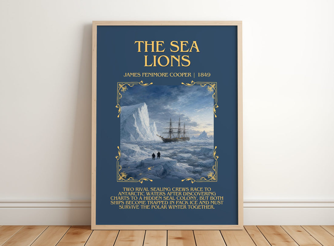 The Sea Lions Minimalist Book Poster by James Fenimore Cooper – framed print leaning on a wooden floor