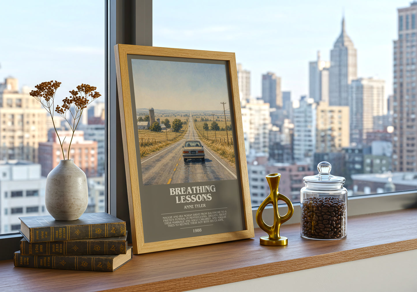 Breathing Lessons bookish print framed by window – literary home decor