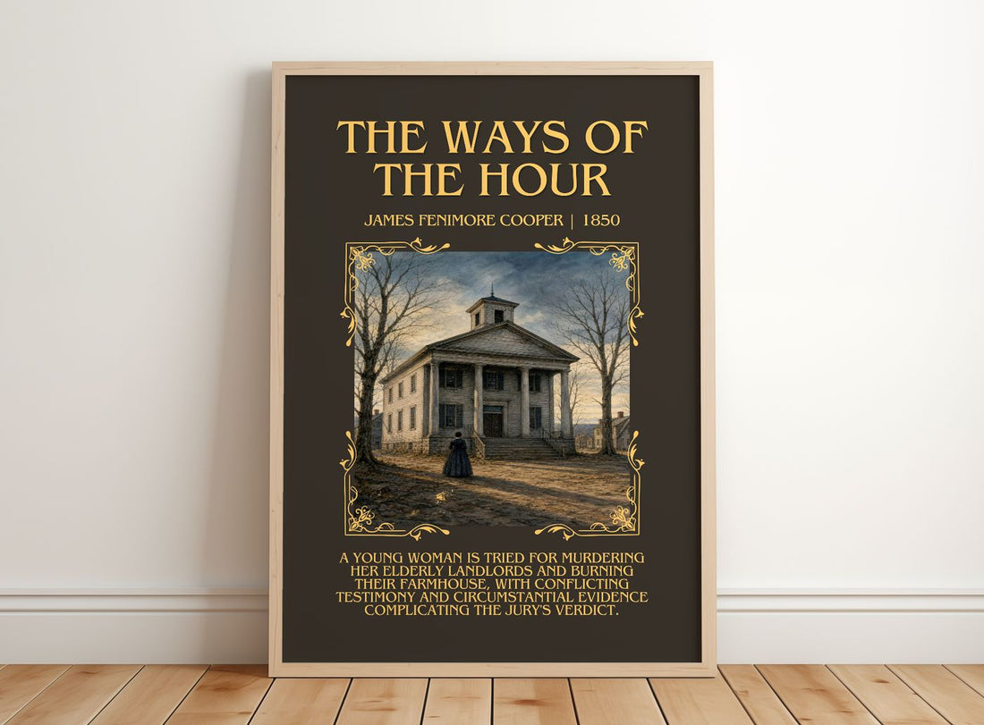 The Ways Of The Hour Minimalist Book Poster by James Fenimore Cooper – framed print leaning on a wooden floor