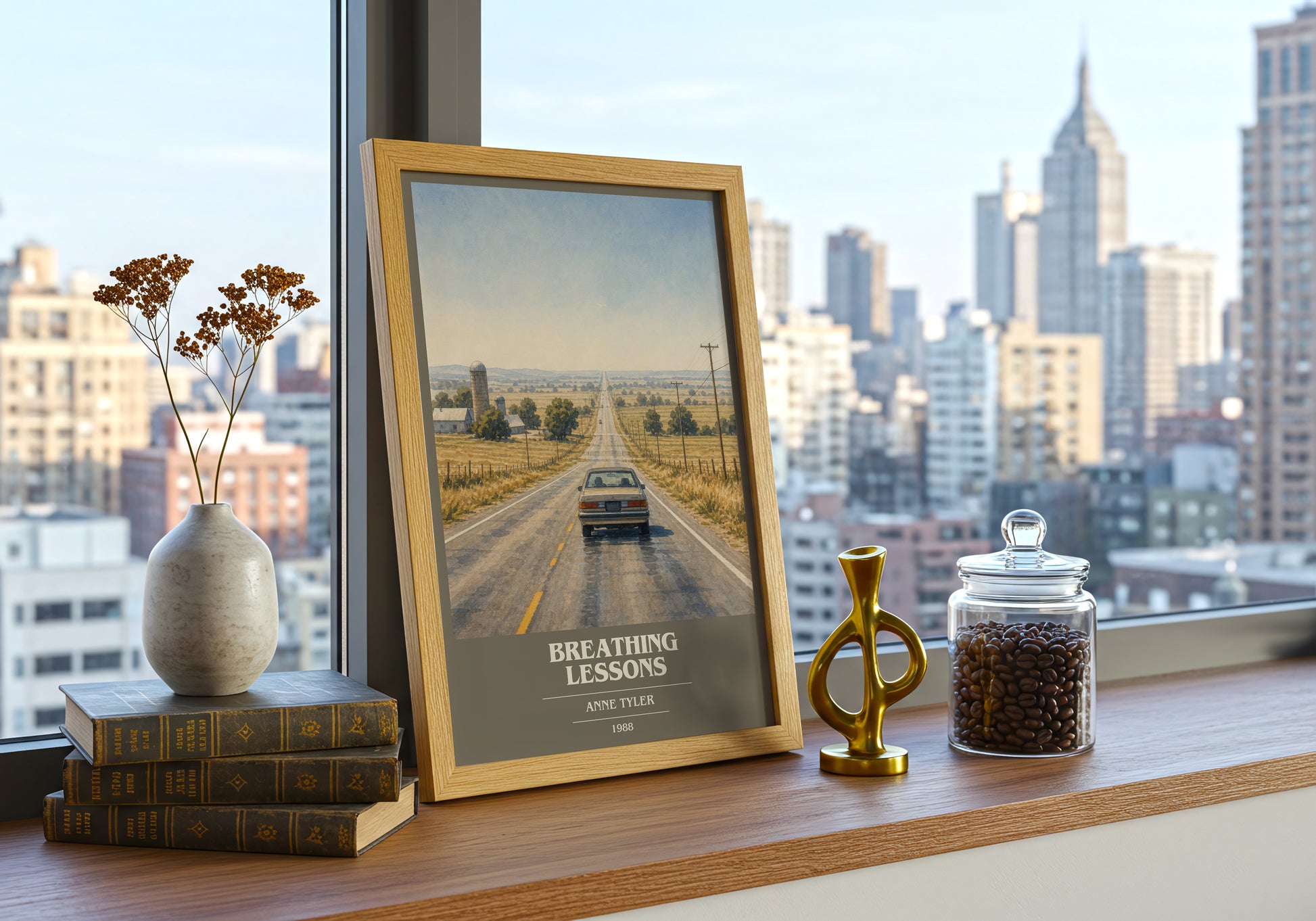 Breathing Lessons book cover print framed by window – literary home decor