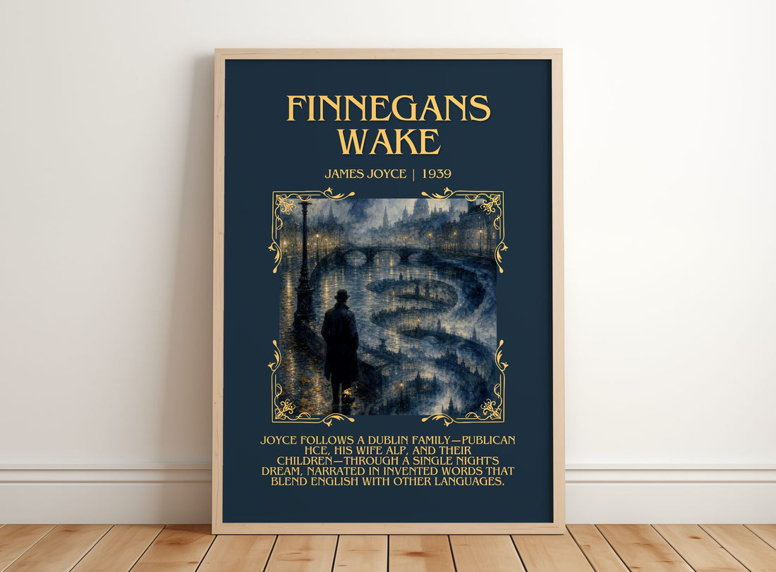Finnegans Wake Minimalist Book Poster by James Joyce – framed print leaning on a wooden floor