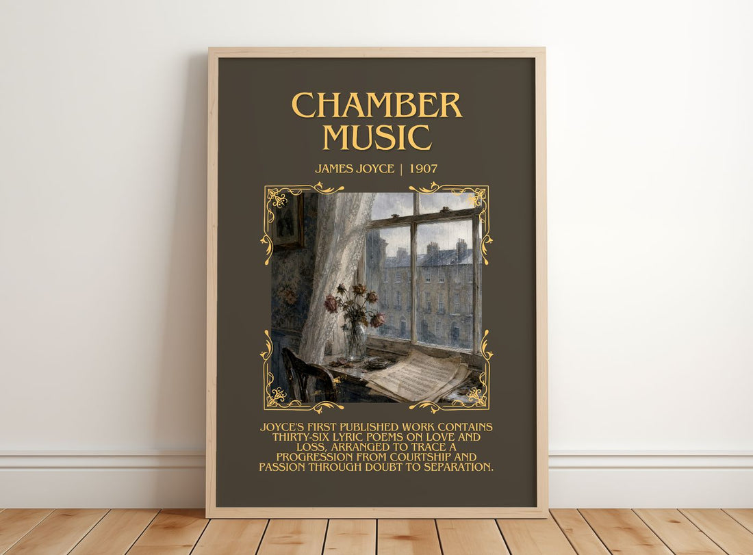 Chamber Music Minimalist Book Poster by James Joyce – framed print leaning on a wooden floor