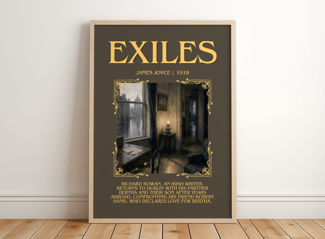 Exiles Minimalist Book Poster by James Joyce – framed print leaning on a wooden floor