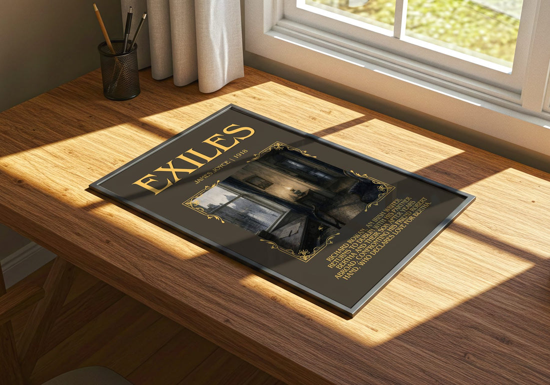 Exiles Minimalist Book Poster by James Joyce – print on a sunlit desk