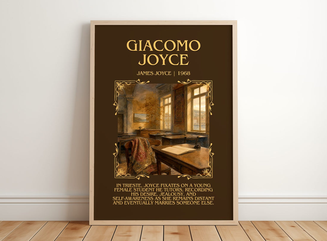 Giacomo Joyce Minimalist Book Poster by James Joyce – framed print leaning on a wooden floor