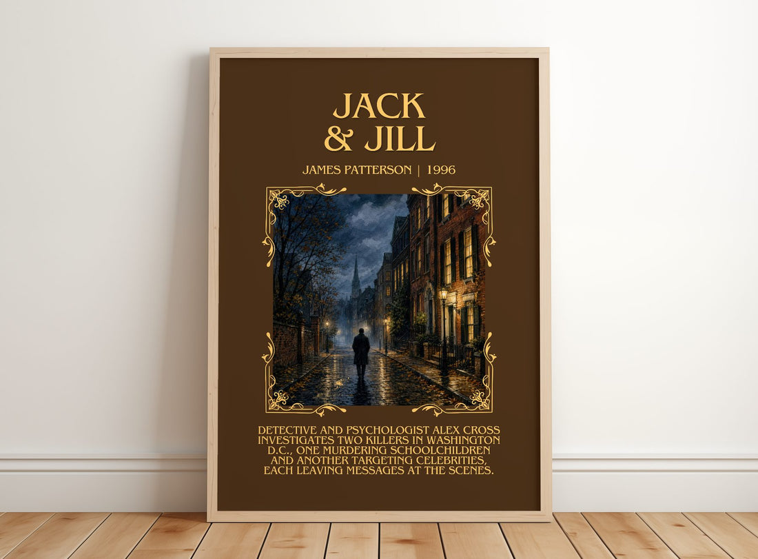 Jack & Jill Minimalist Book Poster by James Patterson – framed print leaning on a wooden floor
