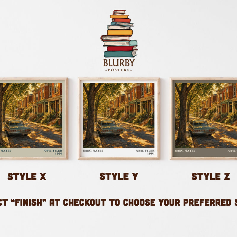 Saint Maybe literary print in frame leaning in hallway – literary fiction wall art