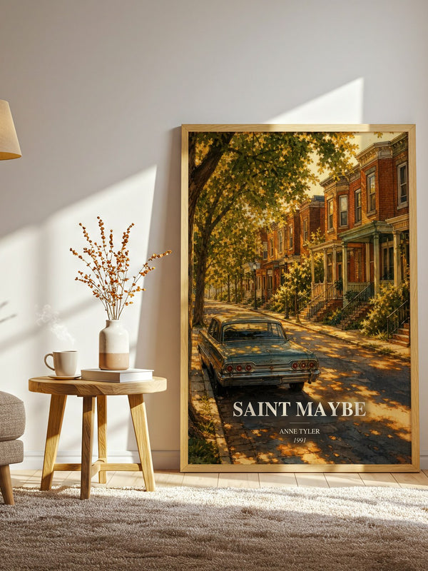 Saint Maybe watercolour print in frame leaning in hallway – literary fiction wall art