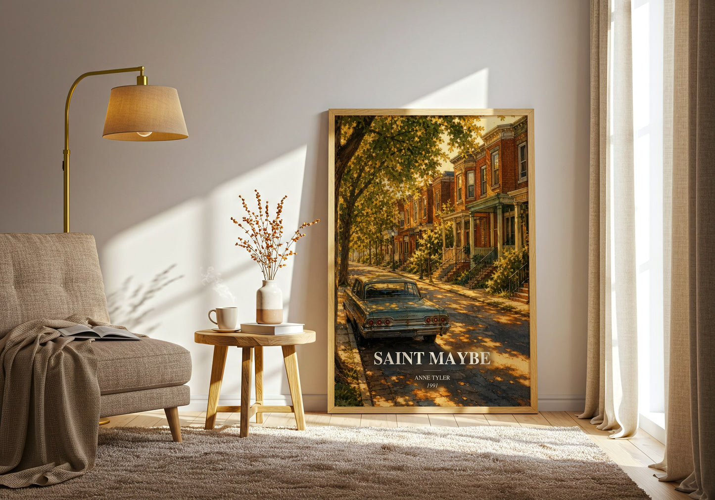 Saint Maybe watercolour print in frame leaning in hallway – literary fiction wall art